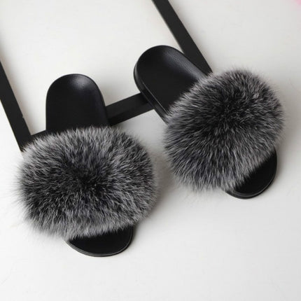 Fox Fur Slippers Flip-flops Non-slip Flat Fur Shoes Sandals for Women, Shoe Size:44-45(27cm)(Black Cream)-garmade.com