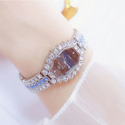 BS beesister FA1581 Women Octagonal Dial Diamond Plated Rhinestone Bracelet Quartz Watch(Silver Shell Blue Diamond)-garmade.com