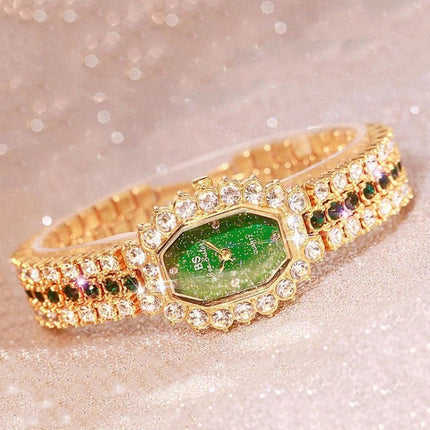 BS beesister FA1581 Women Octagonal Dial Diamond Plated Rhinestone Bracelet Quartz Watch(Gold Shell Green Diamond)-garmade.com