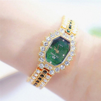 BS beesister FA1581 Women Octagonal Dial Diamond Plated Rhinestone Bracelet Quartz Watch(Gold Shell Green Diamond)-garmade.com