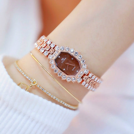 BS beesister FA1581 Women Octagonal Dial Diamond Plated Rhinestone Bracelet Quartz Watch(Rose Gold Coffee Diamond)-garmade.com