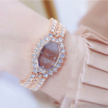 BS beesister FA1581 Women Octagonal Dial Diamond Plated Rhinestone Bracelet Quartz Watch(Rose Gold Coffee Diamond)-garmade.com