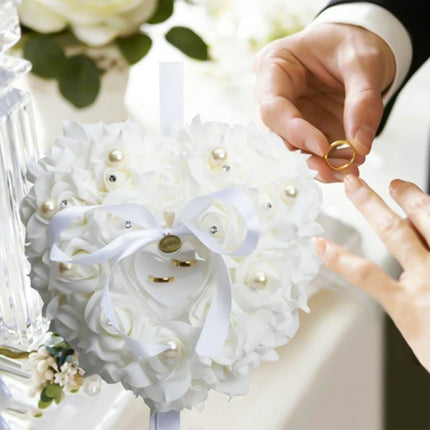 Heart-shaped Ring Box can Hang Simulation Foam Rose Ring Pillow Wedding Supplies(White)-garmade.com