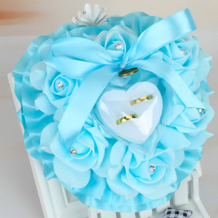 Heart-shaped Ring Box can Hang Simulation Foam Rose Ring Pillow Wedding Supplies(Blue)-garmade.com