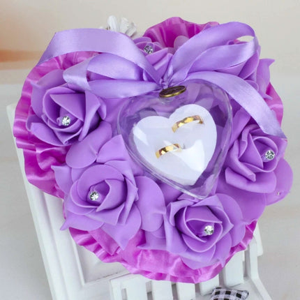 Heart-shaped Ring Box can Hang Simulation Foam Rose Ring Pillow Wedding Supplies(Purple)-garmade.com