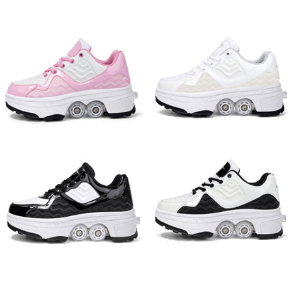 DF09 Children Runaway Sports Shoes Four-wheel Retractable Roller Skates, Size:38(Black White)-garmade.com