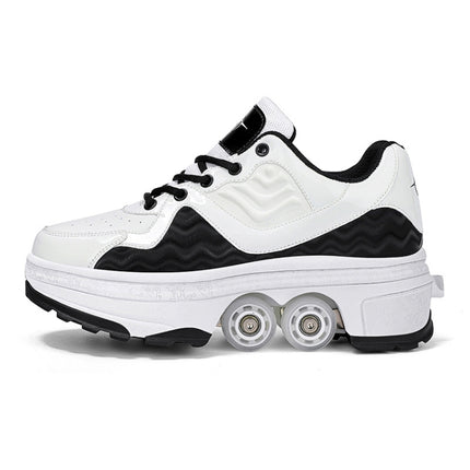 DF09 Children Runaway Sports Shoes Four-wheel Retractable Roller Skates, Size:38(Black White)-garmade.com