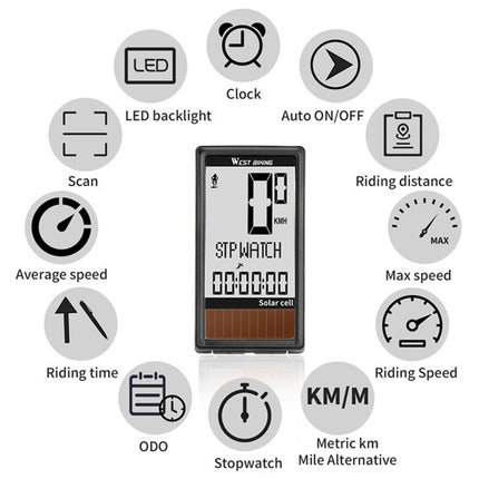 WEST BIKING Wireless Solar Code Table Mountain Road Bike Large Character Code Table Five Language Waterproof Speedometer-garmade.com
