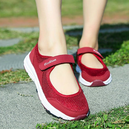 Women Casual Mesh Flat Shoes Soft Sneakers, Size:36(Red)-garmade.com