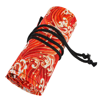 Golden Red Sea Wave Printing Roller Pencil Case Large Capacity Pencilcase Canvas Big Pen Bag(24 Holes)-garmade.com