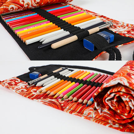 Golden Red Sea Wave Printing Roller Pencil Case Large Capacity Pencilcase Canvas Big Pen Bag(24 Holes)-garmade.com