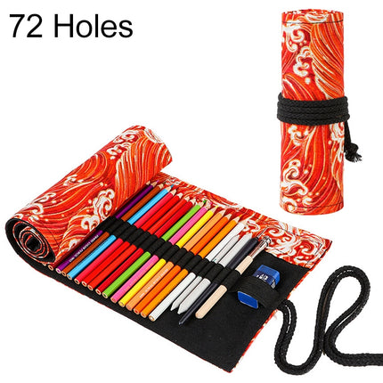 Golden Red Sea Wave Printing Roller Pencil Case Large Capacity Pencilcase Canvas Big Pen Bag(72 Holes)-garmade.com