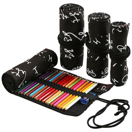 Calligraphy Cute Canvas Roll School Pencil Case Pencilcase Student Pen Bag Stationery Pouch Supplies(12 Holes)-garmade.com