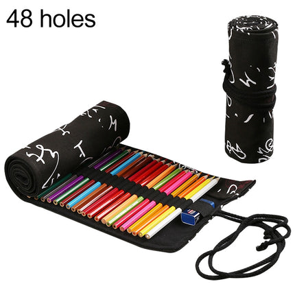 Calligraphy Cute Canvas Roll School Pencil Case Pencilcase Student Pen Bag Stationery Pouch Supplies(48 Holes)-garmade.com