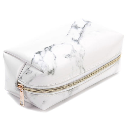 Cute Marble Pattern Pencil Cases Big Capacity PU Leather Cosmetic Bag Pencil Bag School Office Supplies(White)-garmade.com