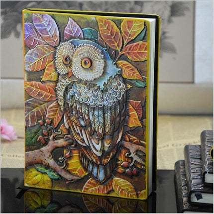 01663 Vintage Thick Handmade Leather Carving Owl Sketchbook Journal Cute Notebook(Full Colors)-garmade.com