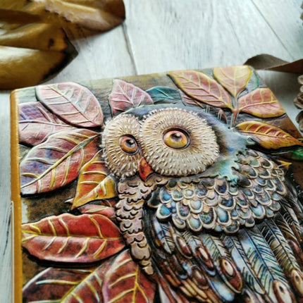 01663 Vintage Thick Handmade Leather Carving Owl Sketchbook Journal Cute Notebook(Full Colors)-garmade.com