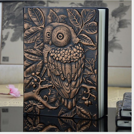 01663 Vintage Thick Handmade Leather Carving Owl Sketchbook Journal Cute Notebook(Red)-garmade.com