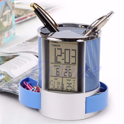 Desk Mesh Pen Pencil Holder Perpetual Calendar Office Supplies Multifunctional Digital LED Pens Storage Box(Blue)-garmade.com