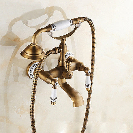 Antique Brass Wall Mounted Bathroom Tub Faucet Dual Ceramics Handles Telephone Style Hand Shower, Specification:Blue and White Telephone Shower-garmade.com