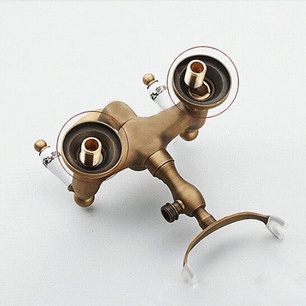 Antique Brass Wall Mounted Bathroom Tub Faucet Dual Ceramics Handles Telephone Style Hand Shower, Specification:Telephone Shower + Fixed Seat-garmade.com