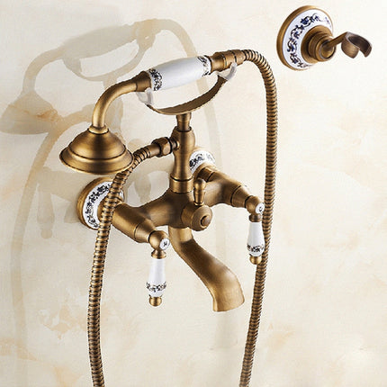 Antique Brass Wall Mounted Bathroom Tub Faucet Dual Ceramics Handles Telephone Style Hand Shower, Specification:Telephone Shower + Blue and White Fixed Seat-garmade.com