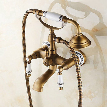 Antique Brass Wall Mounted Bathroom Tub Faucet Dual Ceramics Handles Telephone Style Hand Shower, Specification:Telephone Shower + Blue and White Fixed Seat-garmade.com