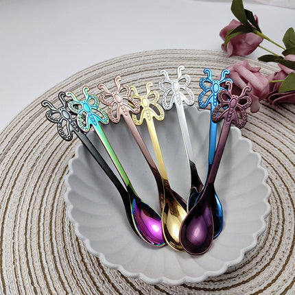 Multicolor Stainless Steel Butterfly Coffee Spoon Fruit Cold Drink Ice Cream Dessert Tea Spoon, Color:Gold-garmade.com