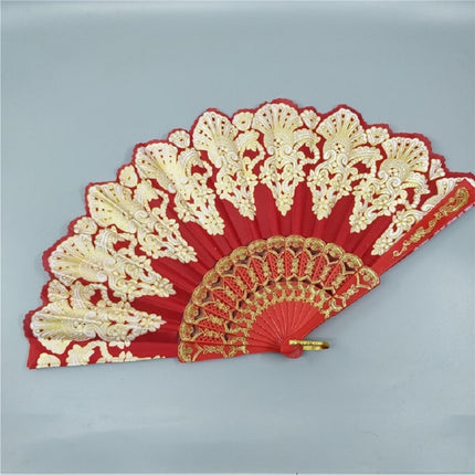 Spain Style Plastic Folding Fan Peacock Lace Fan Ladies Dance Gilding Fan, Size:23x42cm(Red)-garmade.com