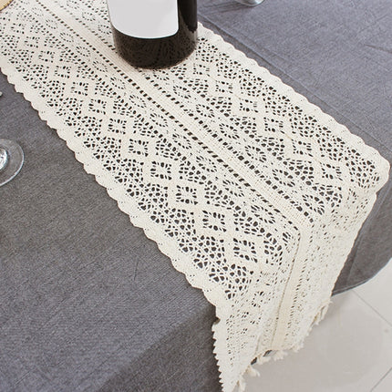 Tassel Lace Floral Romance Retro Crochet Hollow Cotton Blend Table Runner Covers, Size:24x200cm(York Weave)-garmade.com