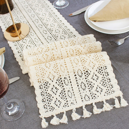 Tassel Lace Floral Romance Retro Crochet Hollow Cotton Blend Table Runner Covers, Size:24x140cm(York Weave)-garmade.com