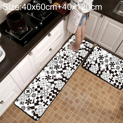 Geometric Lattice Carpet Kitchen Bath Antiskid Mat, Size:40x60cm + 40x120cm(Black White Flower)-garmade.com