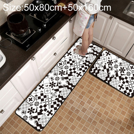 Geometric Lattice Carpet Kitchen Bath Antiskid Mat, Size:50x80cm + 50x160cm(Black White Flower)-garmade.com