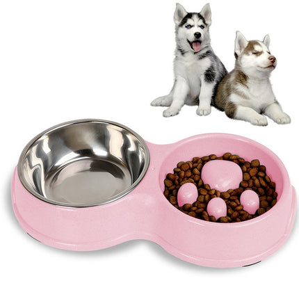 Slow Food Anti-choke Stainless Steel Double Bowl Pet Non-slip Cat Food Bowl(Pink)-garmade.com