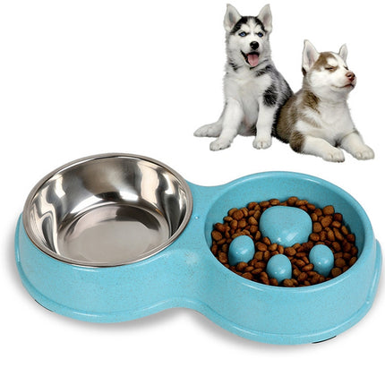 Slow Food Anti-choke Stainless Steel Double Bowl Pet Non-slip Cat Food Bowl(Blue)-garmade.com