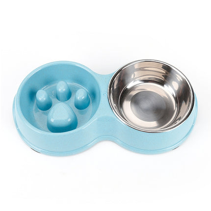 Slow Food Anti-choke Stainless Steel Double Bowl Pet Non-slip Cat Food Bowl(Blue)-garmade.com