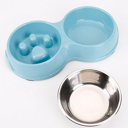 Slow Food Anti-choke Stainless Steel Double Bowl Pet Non-slip Cat Food Bowl(Blue)-garmade.com