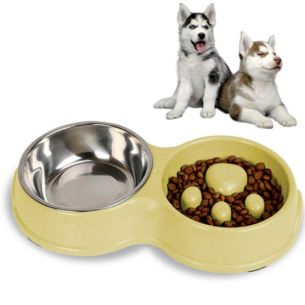 Slow Food Anti-choke Stainless Steel Double Bowl Pet Non-slip Cat Food Bowl(Green)-garmade.com