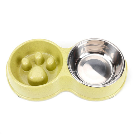 Slow Food Anti-choke Stainless Steel Double Bowl Pet Non-slip Cat Food Bowl(Green)-garmade.com