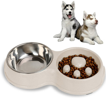 Slow Food Anti-choke Stainless Steel Double Bowl Pet Non-slip Cat Food Bowl(White)-garmade.com