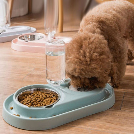 Stainless Steel Dog and Cat Double Bowl Automatic Waterer Not Wet Mouth Pet Food Bowl(Blue)-garmade.com