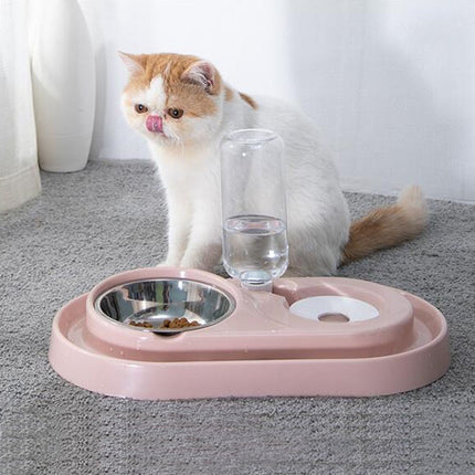 Stainless Steel Dog and Cat Double Bowl Automatic Waterer Not Wet Mouth Pet Food Bowl(Pink)-garmade.com