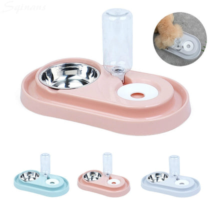 Stainless Steel Dog and Cat Double Bowl Automatic Waterer Not Wet Mouth Pet Food Bowl(Pink)-garmade.com