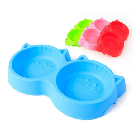 Dog and Cat Face Printed Double Bowl Plastic Food Bowl Pet Products(Blue)-garmade.com