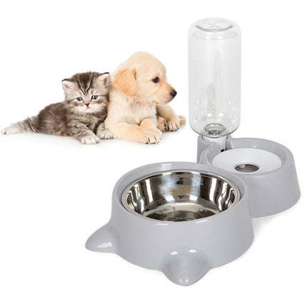 Pet Supplies Automatic Waterer Cat and Dog Food Bowl Double Bowl(Gray)-garmade.com