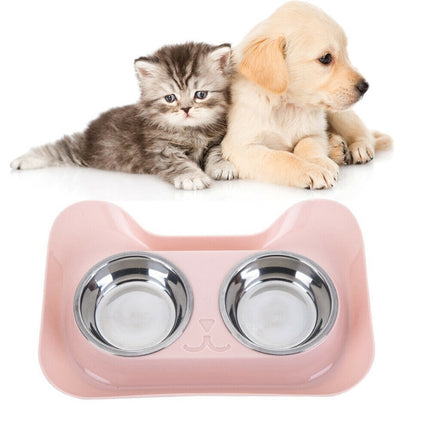 Stainless Steel Cat and Dog Double Bowl Leak-proof Drinking Water Pet Bowl(Pink)-garmade.com