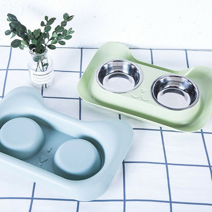 Stainless Steel Cat and Dog Double Bowl Leak-proof Drinking Water Pet Bowl(Blue)-garmade.com