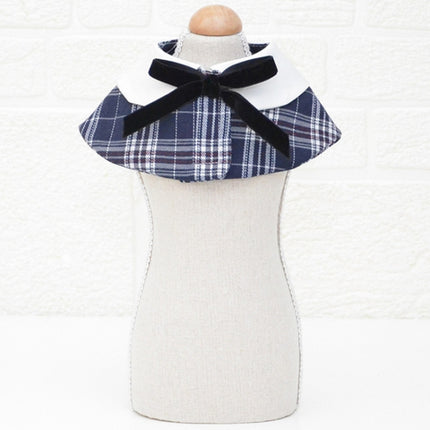 Dog Shawl Small Cloak Pet Bow Ttie Saliva Towel Pet Accessories, Size:M(Navy Blue Grid)-garmade.com