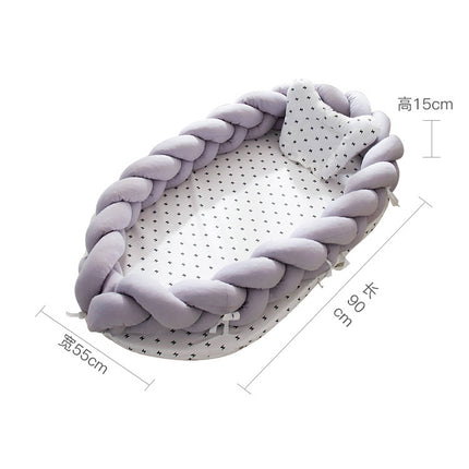 Cotton Woven Folding Portable Crib Bed Bionic Removable and Washable Manual Fence Three-dimensional Protective Crib(White light gray pink)-garmade.com