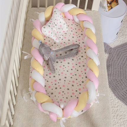 Cotton Woven Folding Portable Crib Bed Bionic Removable and Washable Manual Fence Three-dimensional Protective Crib(White Yellow Pink)-garmade.com